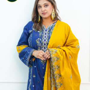 Authentic Pakistani Heeras’s Brand Embroidered 3 Piece Blue & Mustard Dress